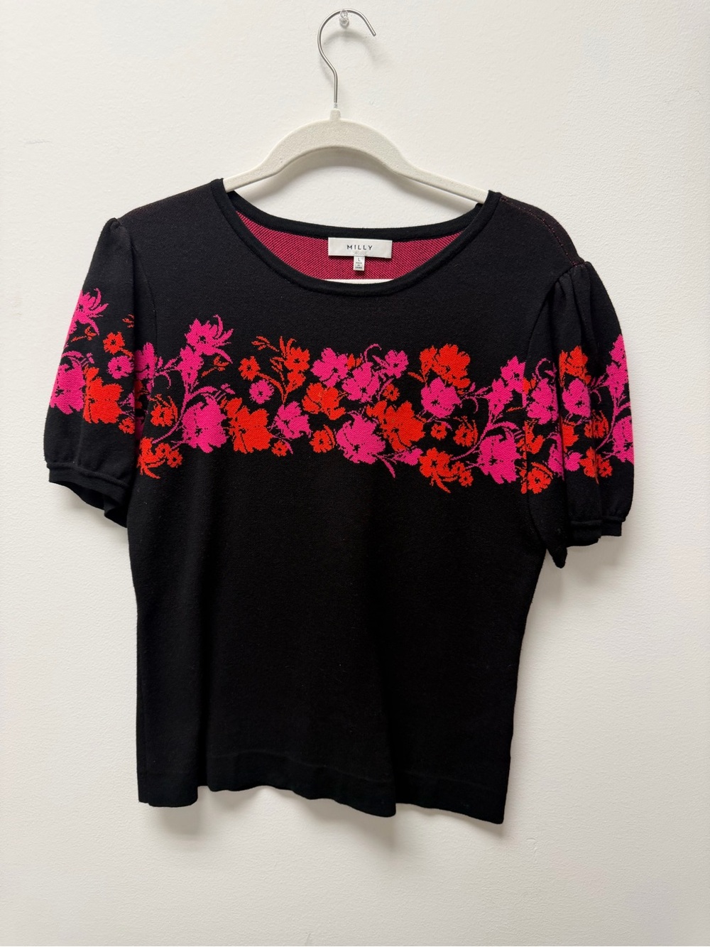 Milly Black Short-Sleeve Knit Top with Pink & Red Floral Band